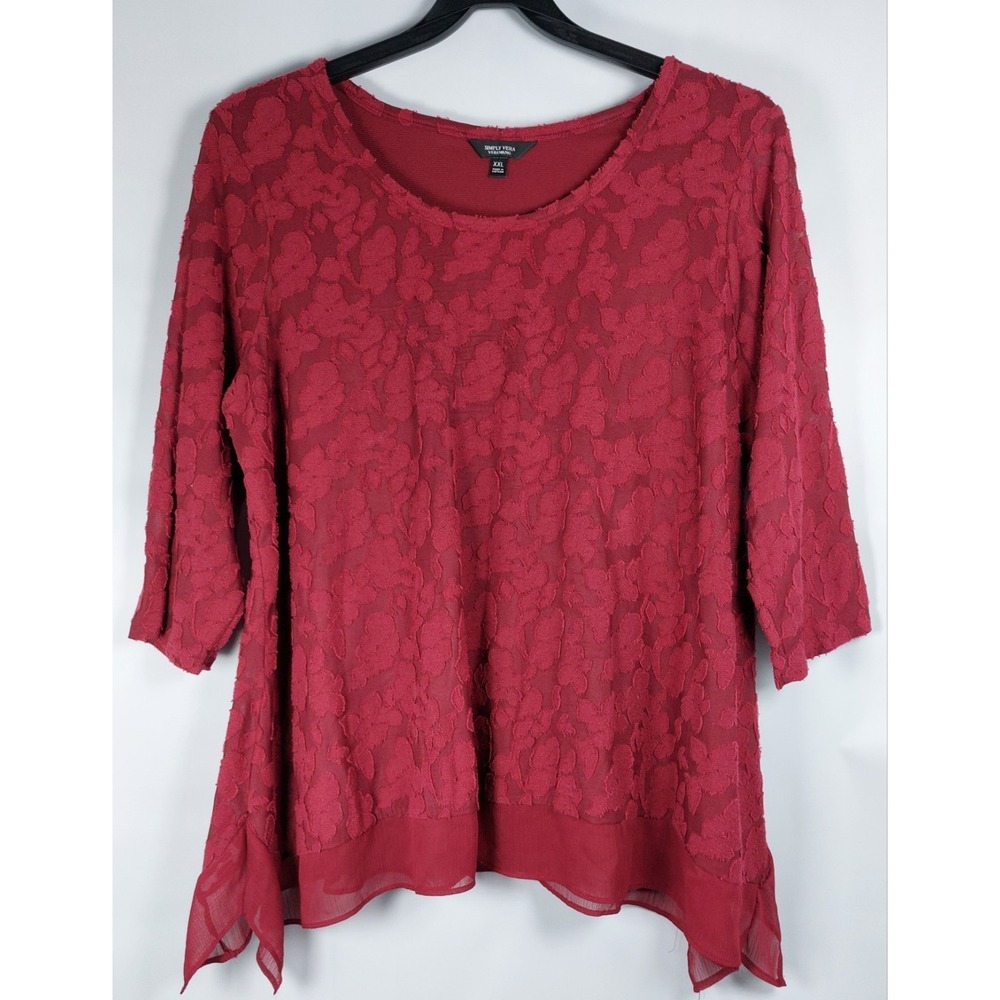 Simply Vera Wang Butterfly Hem Floral Top Size XXL Dark Red 3/4 Sleeve